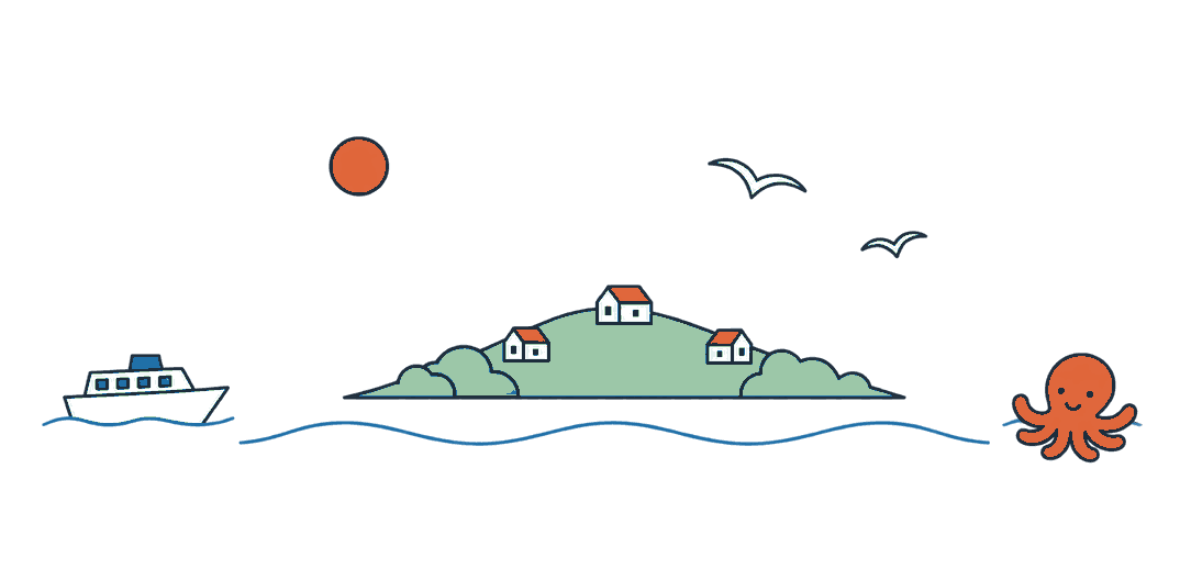 海に浮かぶ島と、船とタコのイラスト